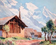 Tableau d'un village et de son glise de l'artiste peintre Jacques Fourcy